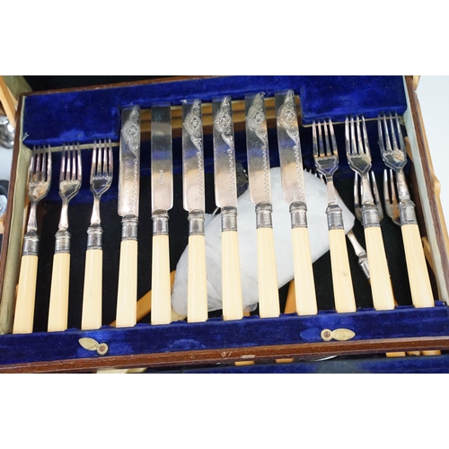 162 - Silver plate cutlery canteen wooden box and silver plate selection to include candle sticks, tea set... 