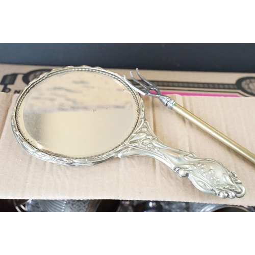 165 - Large collection of silver plate and glass items, to include art nouveau hand mirror, candle sticks,... 