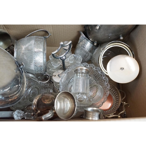 165 - Large collection of silver plate and glass items, to include art nouveau hand mirror, candle sticks,... 