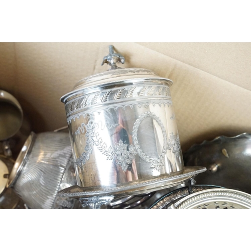 165 - Large collection of silver plate and glass items, to include art nouveau hand mirror, candle sticks,... 