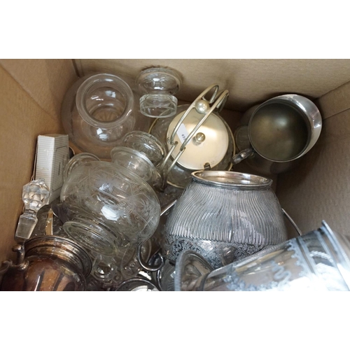 165 - Large collection of silver plate and glass items, to include art nouveau hand mirror, candle sticks,... 