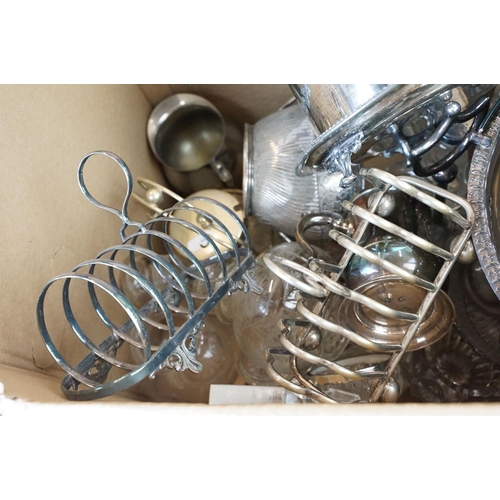 165 - Large collection of silver plate and glass items, to include art nouveau hand mirror, candle sticks,... 