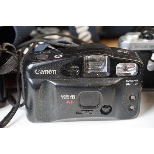 166 - Quantity of cameras and camera flashes to include Pentax ME Super Canon Sure shot AF7, Canon EOS 100... 