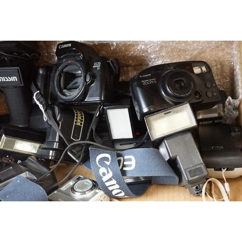 166 - Quantity of cameras and camera flashes to include Pentax ME Super Canon Sure shot AF7, Canon EOS 100... 