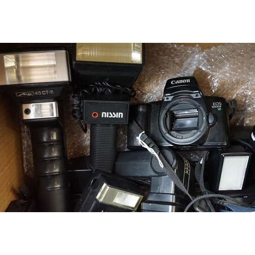 166 - Quantity of cameras and camera flashes to include Pentax ME Super Canon Sure shot AF7, Canon EOS 100... 