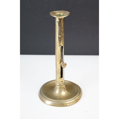 173 - Art Nouveau style brass candle sticks with other candle holders, tray and trinket trays.