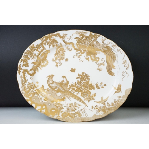 19 - Royal Crown Derby 'Gold Aves' exotic bird gold design fruit bowl with two plates and large oval serv... 