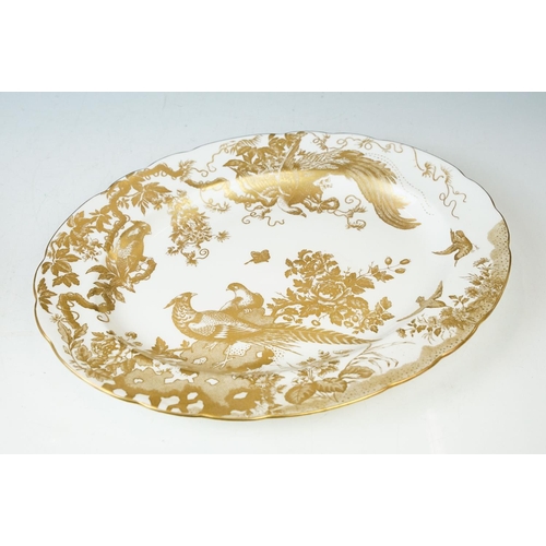 19 - Royal Crown Derby 'Gold Aves' exotic bird gold design fruit bowl with two plates and large oval serv... 