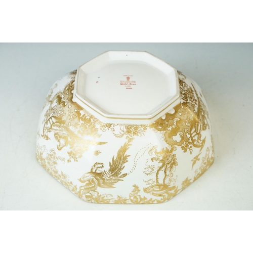 19 - Royal Crown Derby 'Gold Aves' exotic bird gold design fruit bowl with two plates and large oval serv... 