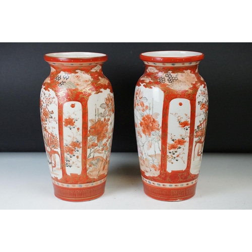 20 - Pair of large Japanese Kutani vases, red with white panels of flowers, signed with Japanese characte... 