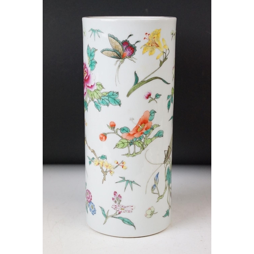 32 - Oriental butterfly, insects and floral decoration large cylinder vase with character markings to bas... 