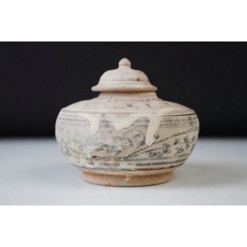 4 - Asian hand painted blue and white ceramic lidded jar. 10cm tall.