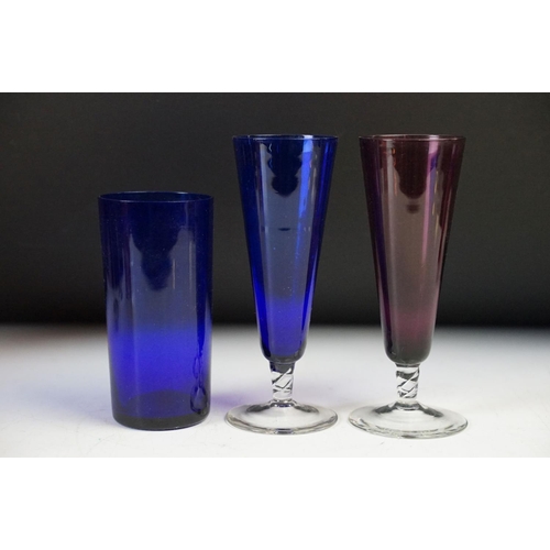 48 - Selection of coloured glassware in blue and ruby glass, including sherry glasses, liqueur glasses, e... 