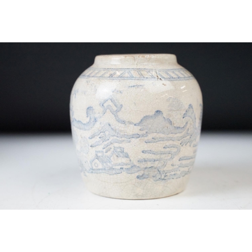 6 - Three Chinese antique white and blue ceramic ginger jar storage pots. Tallest - 13cm, smallest - 10c... 