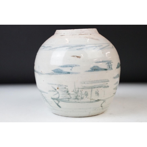 6 - Three Chinese antique white and blue ceramic ginger jar storage pots. Tallest - 13cm, smallest - 10c... 