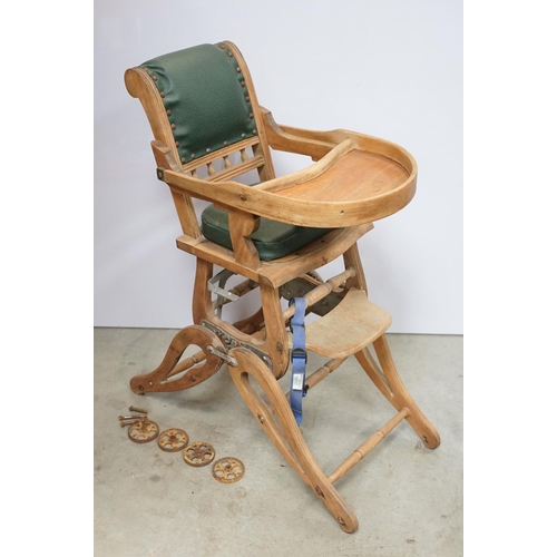 612 - Early 20th century child's high chair, with green leatherette studded seat and back, 85cm high