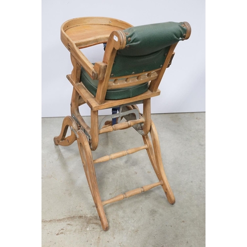 612 - Early 20th century child's high chair, with green leatherette studded seat and back, 85cm high