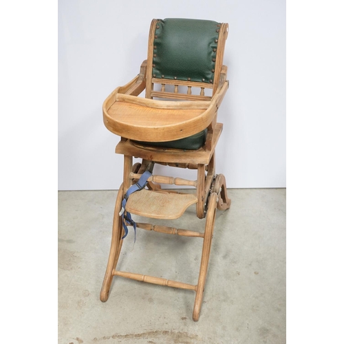 612 - Early 20th century child's high chair, with green leatherette studded seat and back, 85cm high