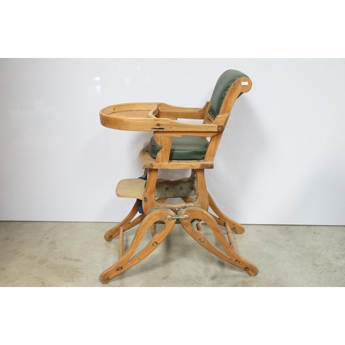 612 - Early 20th century child's high chair, with green leatherette studded seat and back, 85cm high