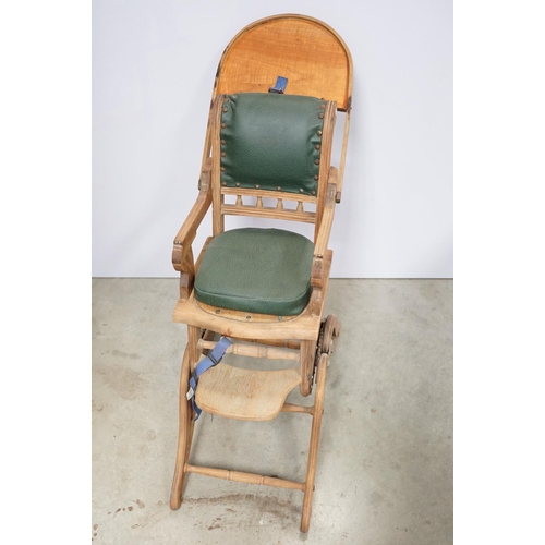 612 - Early 20th century child's high chair, with green leatherette studded seat and back, 85cm high