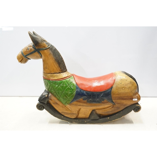 615 - Antique hand carved, hand painted low rocking horse. 56 tall x 74cm wide x 20cm deep