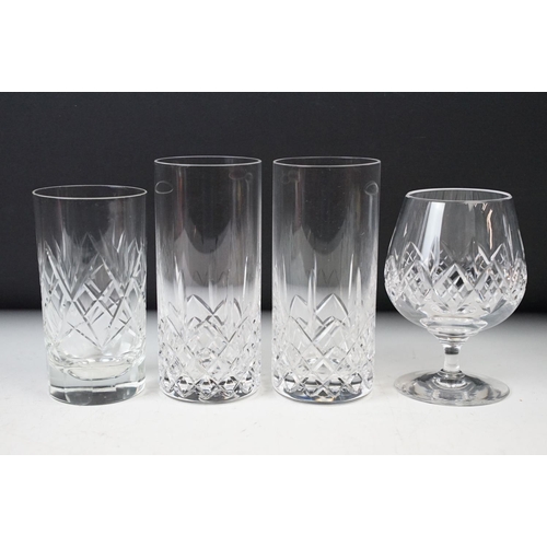 64 - Selection of cut glass crystal to include, two square decanters with Whisky and Sherry neck labels, ... 