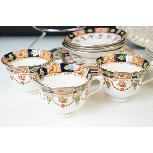 66 - Royal Vale Longton China tea set with three cups, four saucers, four square side plates, serving pla... 