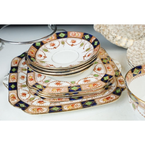 66 - Royal Vale Longton China tea set with three cups, four saucers, four square side plates, serving pla... 