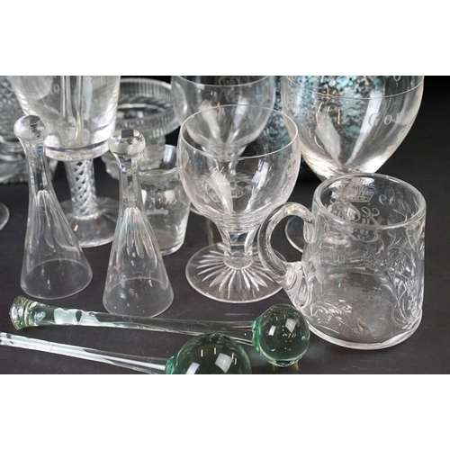 71 - Collection of 20th century cut glass to include air twist rummer glass dated 1913, pair of commemora... 