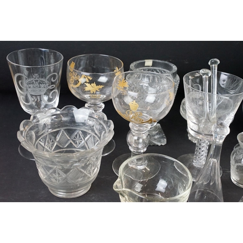 71 - Collection of 20th century cut glass to include air twist rummer glass dated 1913, pair of commemora... 