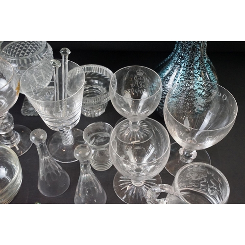 71 - Collection of 20th century cut glass to include air twist rummer glass dated 1913, pair of commemora... 