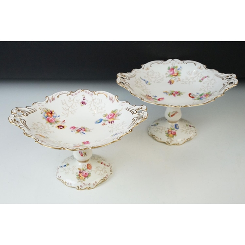 74 - Coalport floral spray and gilt decoration cake stands, handled cake plate and five plates.