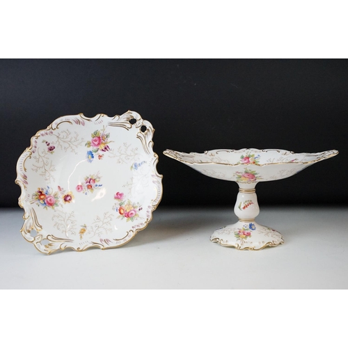 74 - Coalport floral spray and gilt decoration cake stands, handled cake plate and five plates.