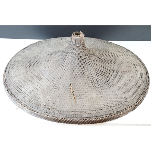 79A - Vintage Asian wicker hand woven conical field hat. 62cm diameter