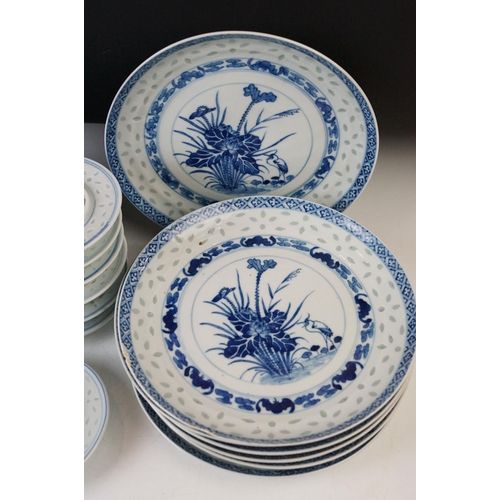 80 - Blue and white Japanese orchid and stork design textured dinner set with soup bowls and stands, seve... 