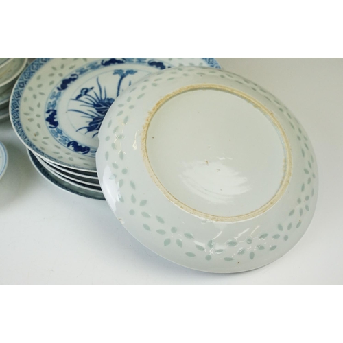 80 - Blue and white Japanese orchid and stork design textured dinner set with soup bowls and stands, seve... 