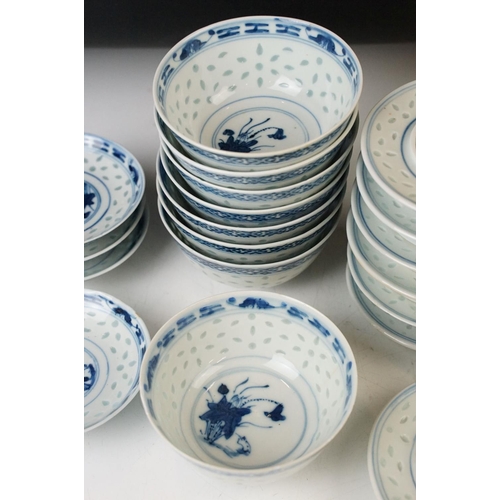 80 - Blue and white Japanese orchid and stork design textured dinner set with soup bowls and stands, seve... 