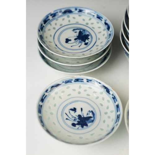 80 - Blue and white Japanese orchid and stork design textured dinner set with soup bowls and stands, seve... 