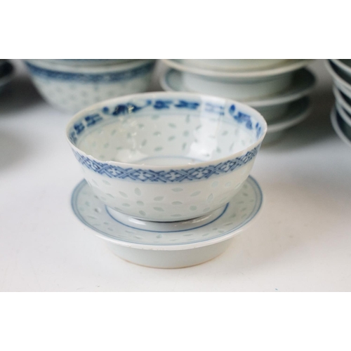 80 - Blue and white Japanese orchid and stork design textured dinner set with soup bowls and stands, seve... 