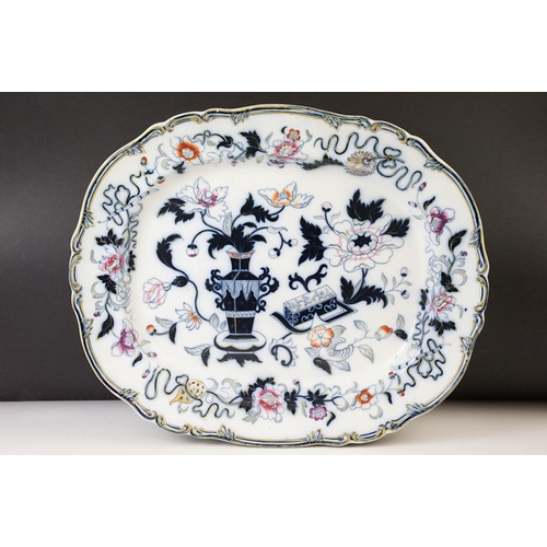 85 - Imperial Stone oriental floral decoration tureen, cake stand, large serving platter and two serving ... 