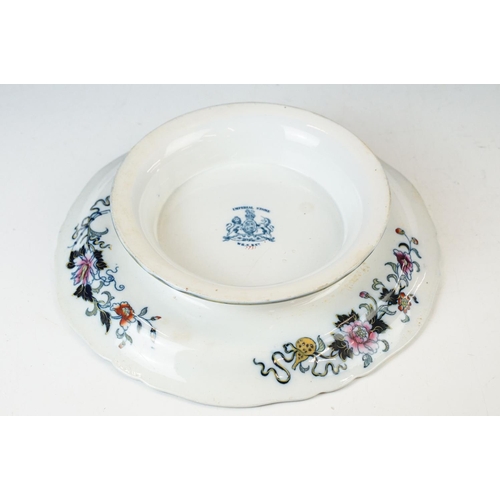 85 - Imperial Stone oriental floral decoration tureen, cake stand, large serving platter and two serving ... 