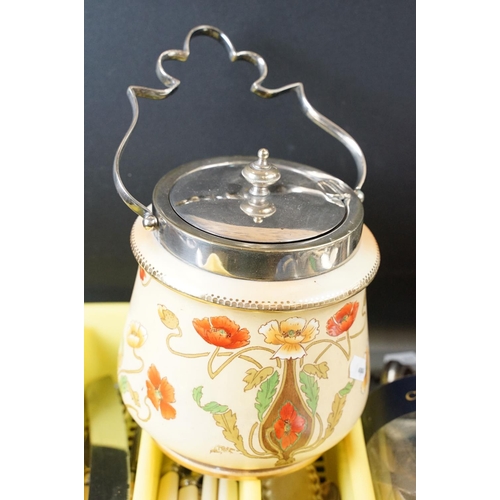 90 - Carlton ware Art Nouveau biscuit barrel with mixed assortment of vintage and antique cutlery and kit... 