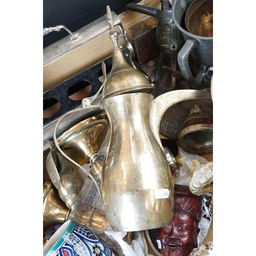 93 - Assortment of metal items, including a Chinese libation cup, an antique pewter drinking vessel, cock... 