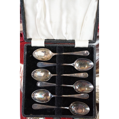 94 - Collection of assorted silver plate to include candlestick, cutlery canteen, dishes, lidded dish, co... 