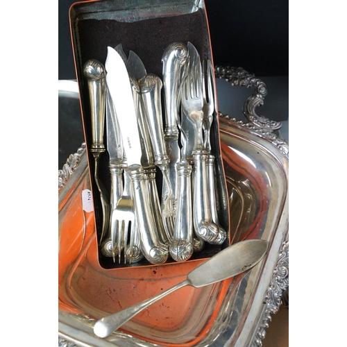 97 - Large selection of silver plated items, ornate footed terrine, serving dish, cutlery and knives, pit... 