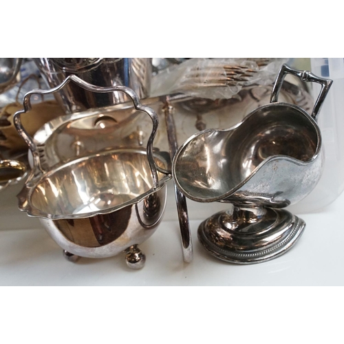 97 - Large selection of silver plated items, ornate footed terrine, serving dish, cutlery and knives, pit... 