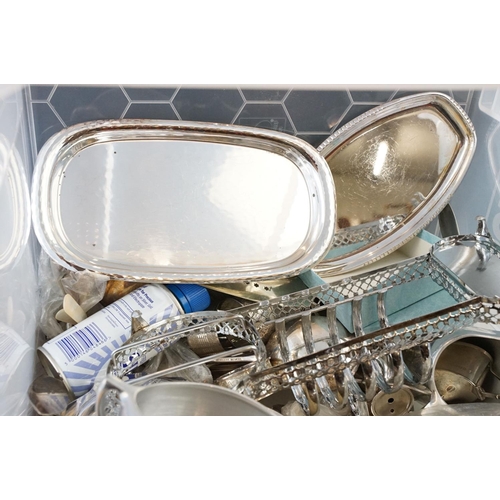 97 - Large selection of silver plated items, ornate footed terrine, serving dish, cutlery and knives, pit... 