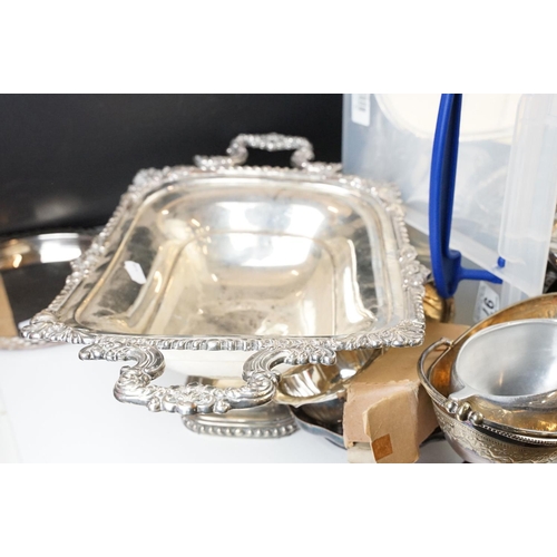 97 - Large selection of silver plated items, ornate footed terrine, serving dish, cutlery and knives, pit... 