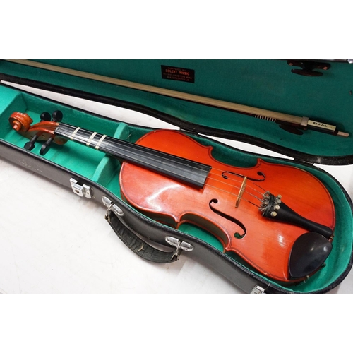 99 - Skylark brand miniature violin along with Pair of unbranded violins with bow, all in cases.