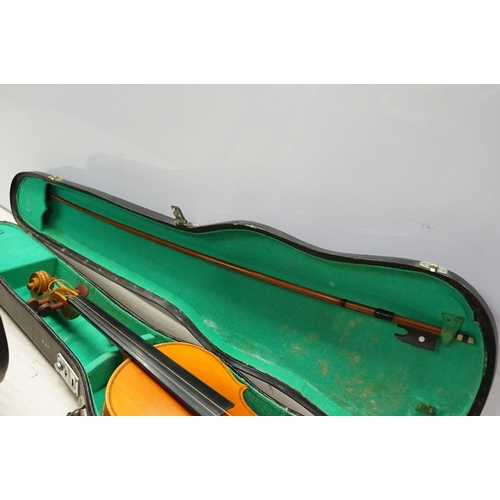 99 - Skylark brand miniature violin along with Pair of unbranded violins with bow, all in cases.